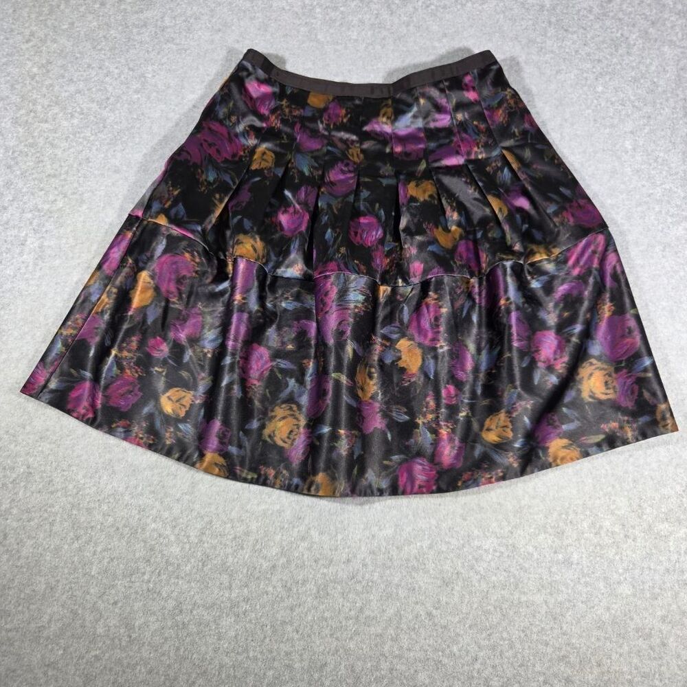 The Limited Floral Pleated Satin A-Line Skirt Womens 4 Black Purple Rose Print